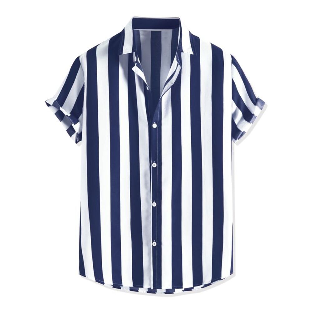 Stripe Shirt Short Sleeved Color Block Button Down Beach Shirt Navy Blue